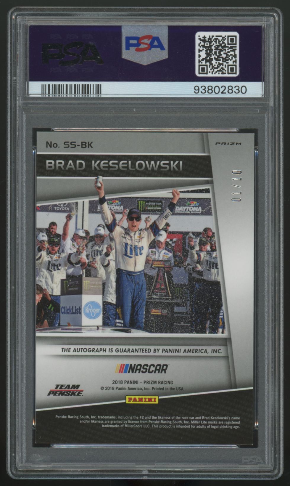 2018 Prizm Racing Brad Keselowski Scripted Signatures Gold Auto /10 #SS-BK PSA 9