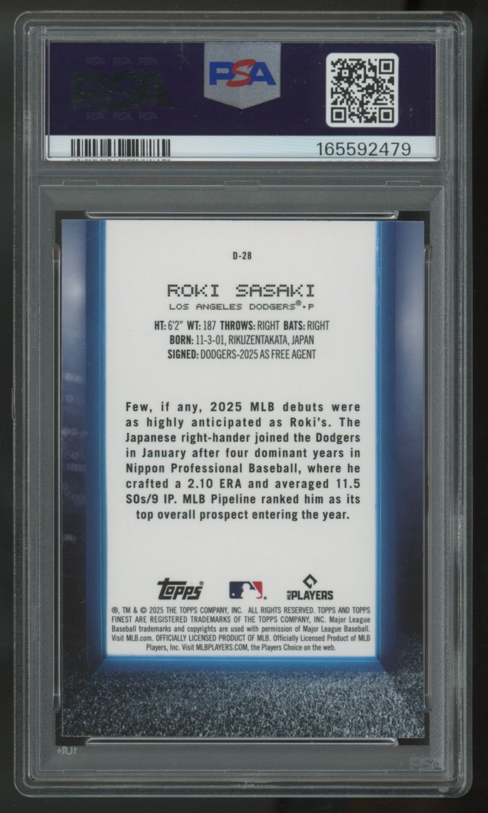 2025 Topps Finest Roki Sasaki RC Debut #D-28 PSA 10