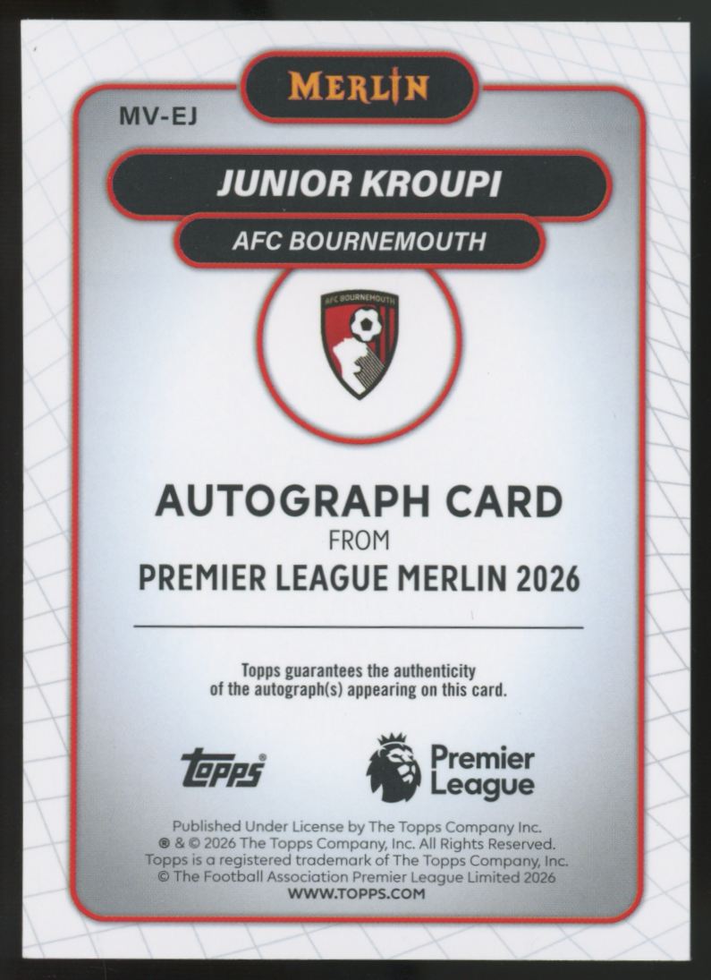 2025-26 Topps Premier League Merlin Junior Kroupi Blue Auto /150 #MV-EJ