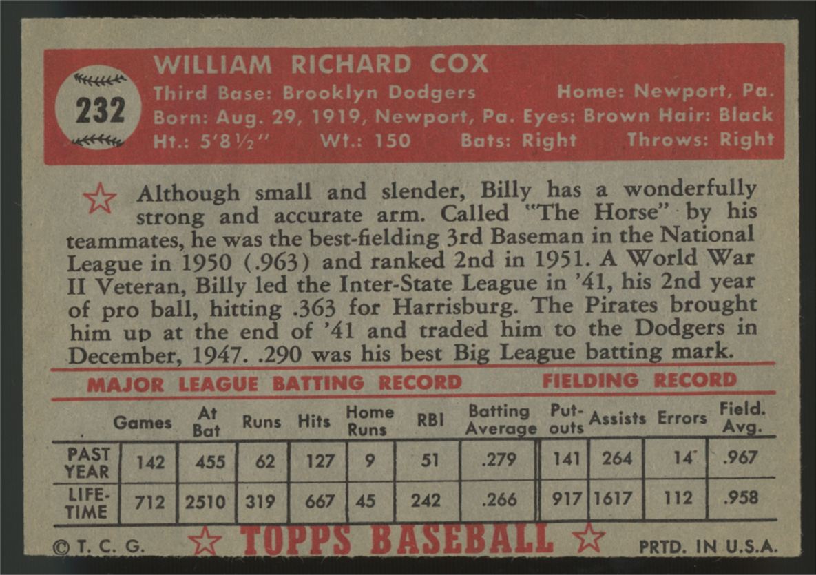 1952 Topps Billy Cox #232 EX