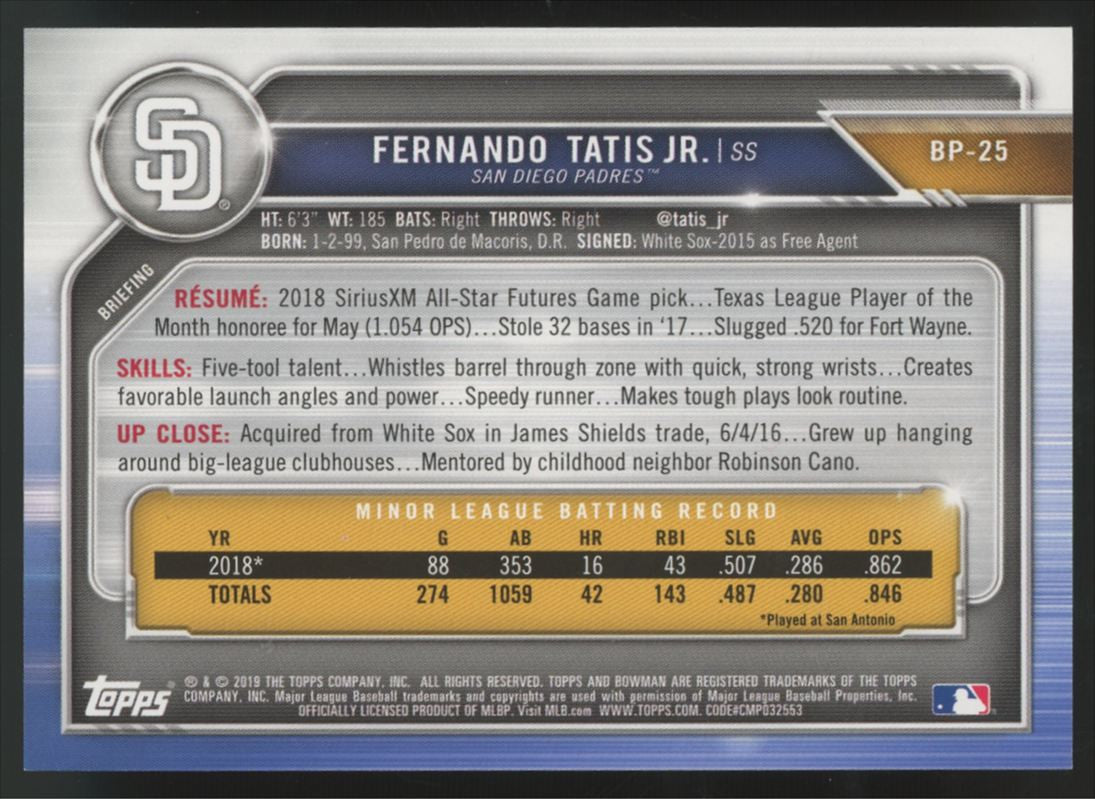 2019 Bowman Fernando Tatis Jr. Gold Prospect /50 #BP-25
