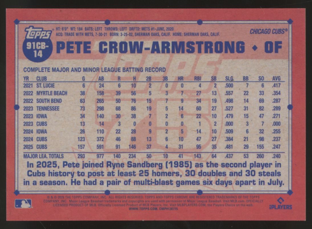 2026 Topps Chrome Pete Crow-Armstrong 1991 Purple Refractor /75 #91CB-14