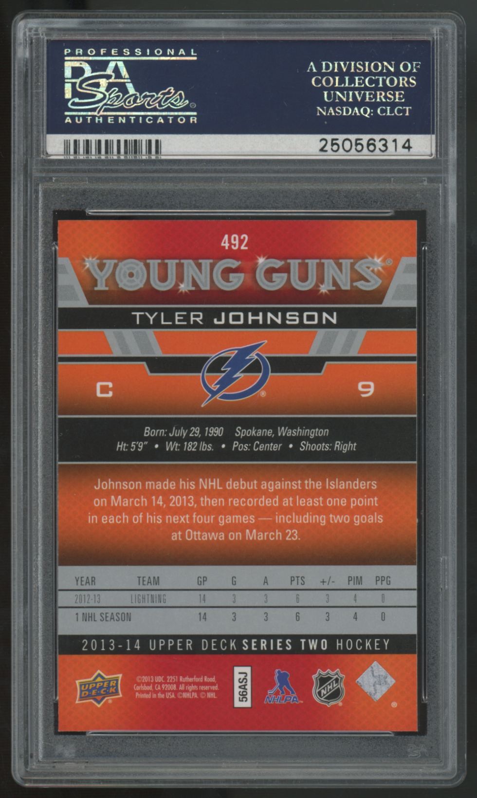 2013-14 Upper Deck Series Two Tyler Johnson RC Young Guns #492 PSA 9