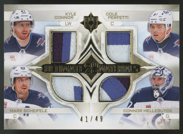 2023-24 Ultimate Collection Connor/Scheifele/Hellebuyck Gold Quad Patch /49