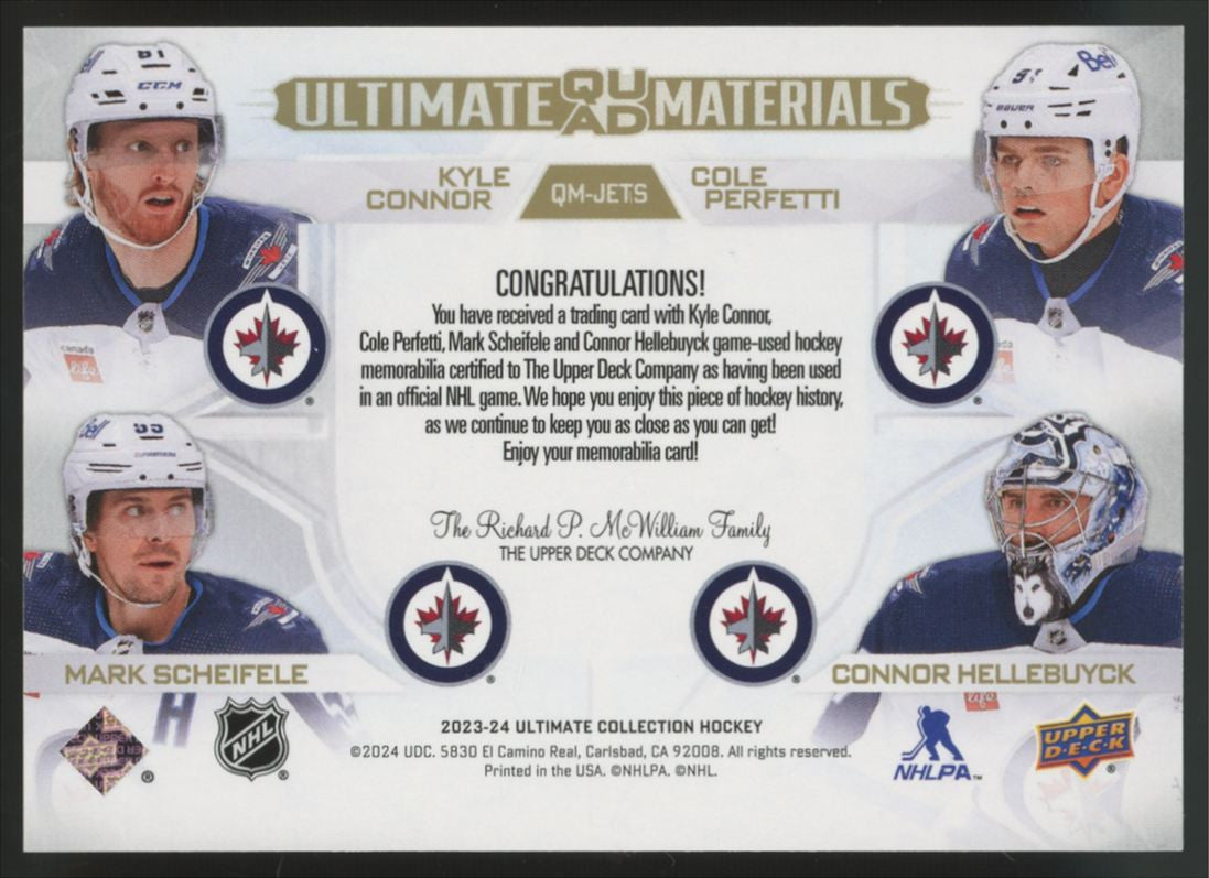 2023-24 Ultimate Collection Connor/Scheifele/Hellebuyck Gold Quad Patch /49