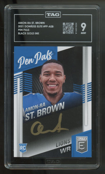 2021 Donruss Elite Amon-Ra St. Brown RC Pen Pals Black Gold Ink Auto #PP-ASB TAG 9