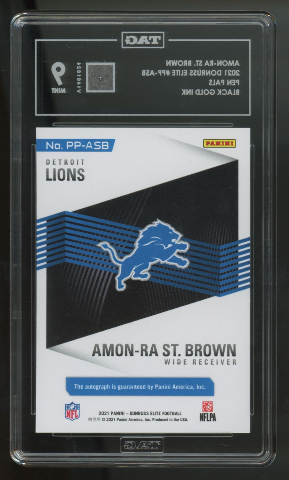 2021 Donruss Elite Amon-Ra St. Brown RC Pen Pals Black Gold Ink Auto #PP-ASB TAG 9
