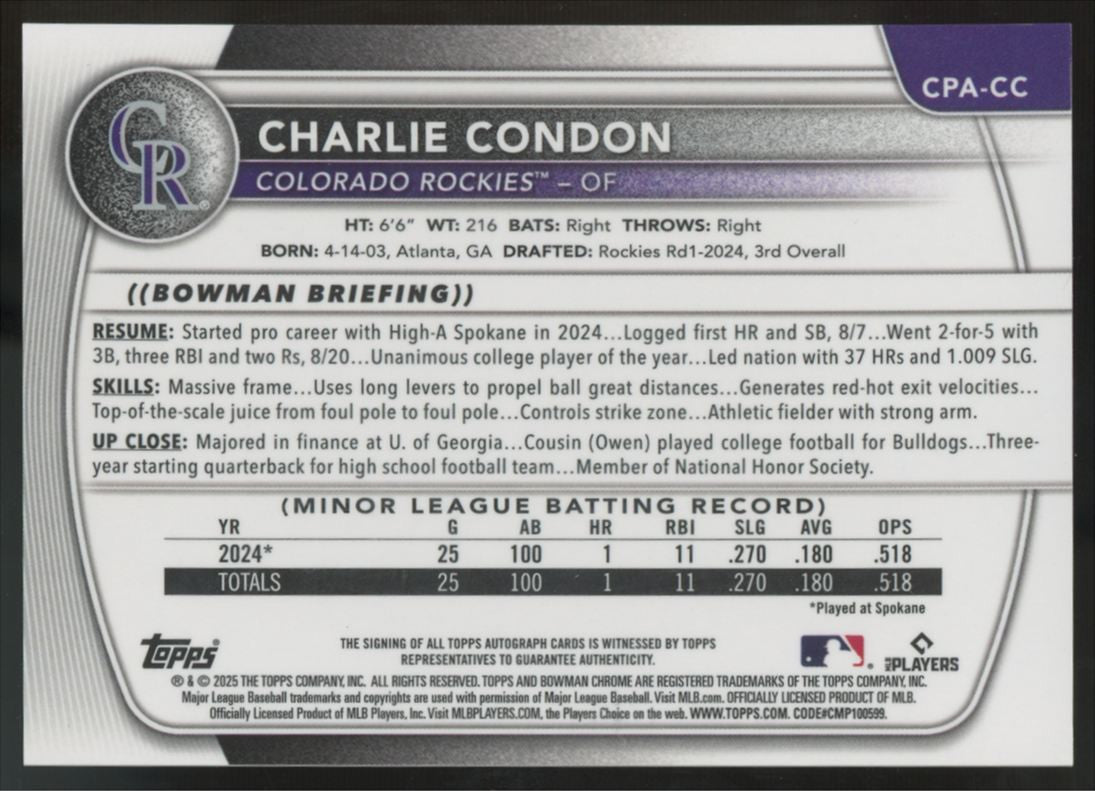 2025 Bowman Charlie Condon 1st Prospect Chrome Auto #CPA-CC