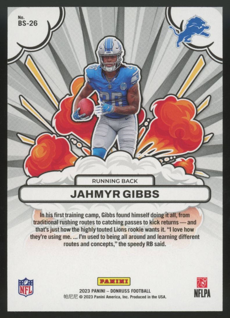 2023 Donruss Jahmyr Gibbs RC Bomb Squad Holo /100 #BS-26