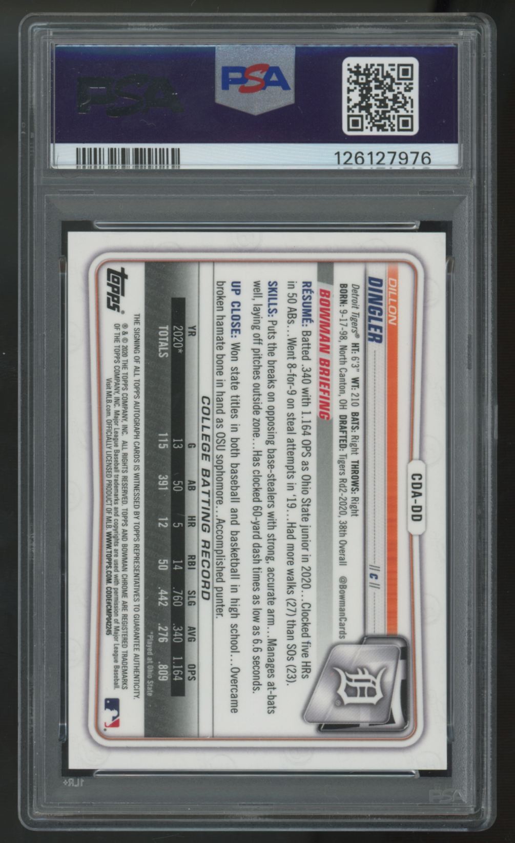 2020 Bowman Draft Dillon Dingler 1st Chrome Auto #CDA-DD PSA 10 *976