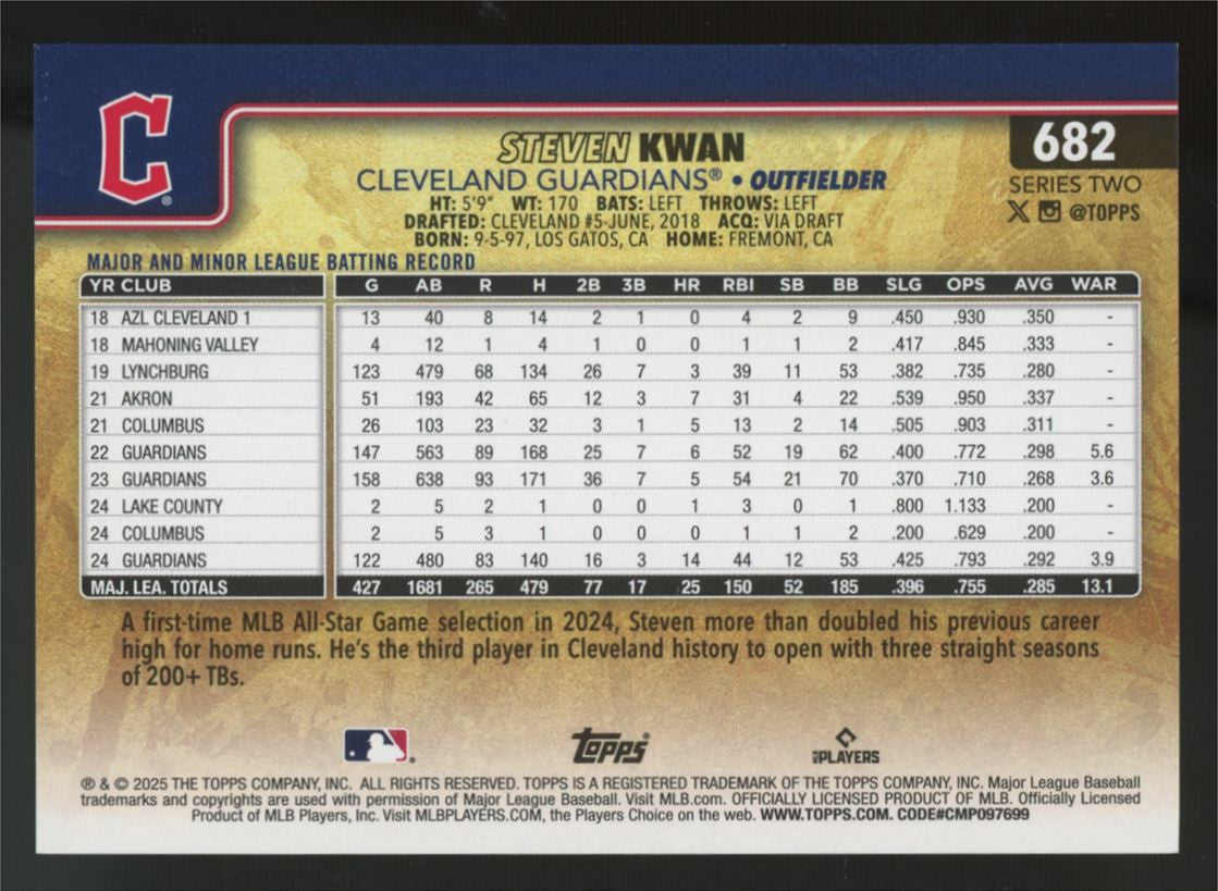 2025 Topps Series 2 Steven Kwan Golden Mirror Image Variation SSP #682