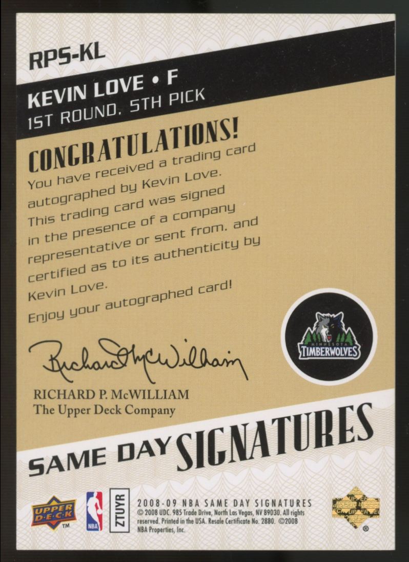 2008-09 Upper Deck Kevin Love RC Same Day Signatures Auto #RPS-KL
