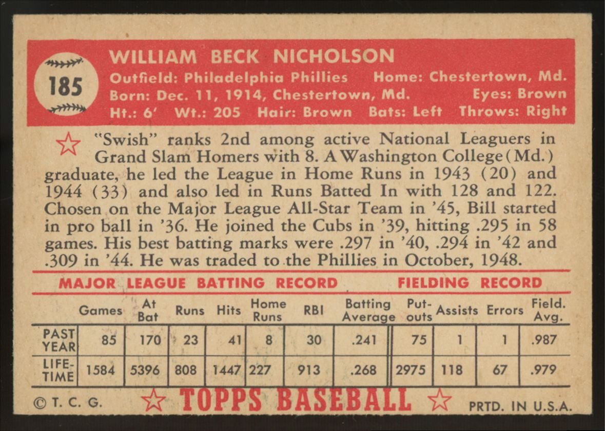 1952 Topps Bill Nicholson #185 EX