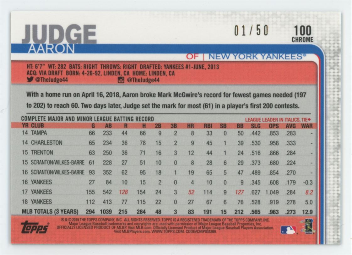 2019 Topps Chrome Aaron Judge Gold /50 #100