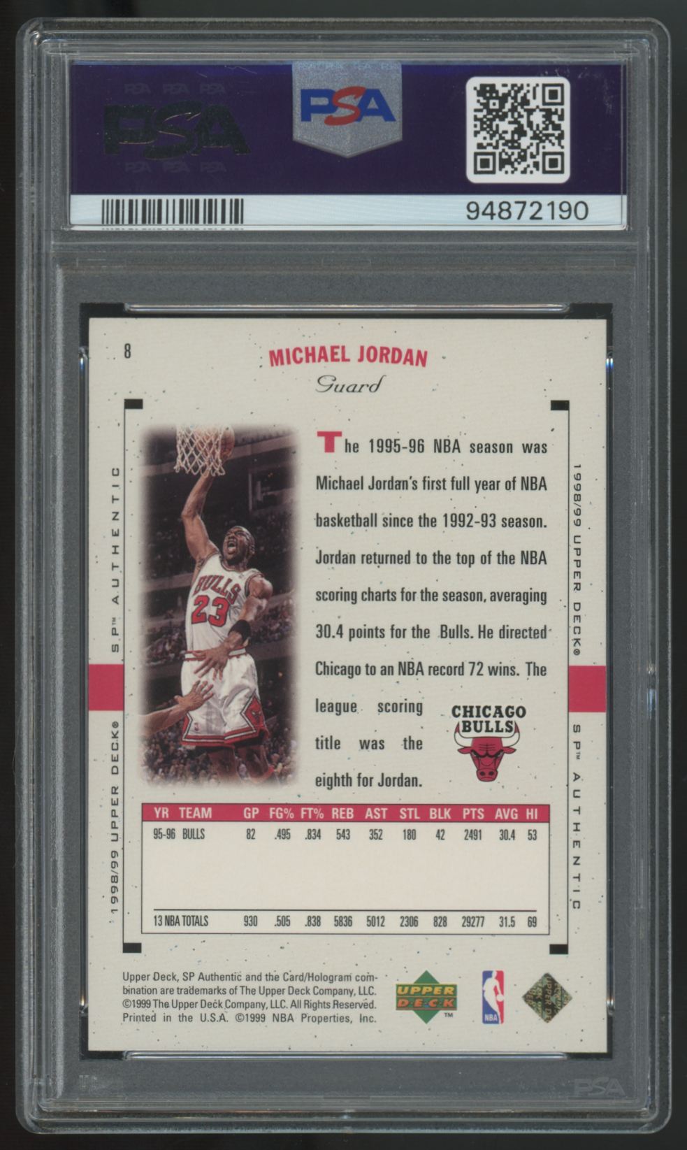 1998-99 Upper Deck SP Authentic Michael Jordan #8 PSA 9