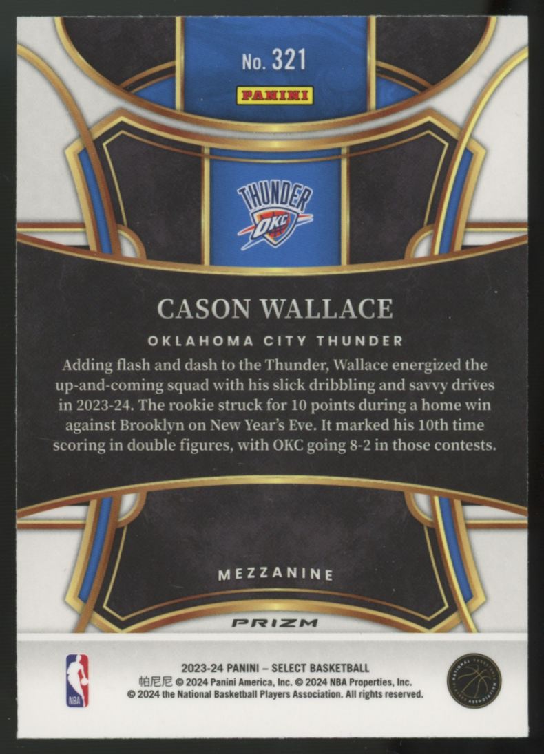 2023-24 Panini Select Cason Wallace RC Mezzanine Zebra Prizm SSP #321