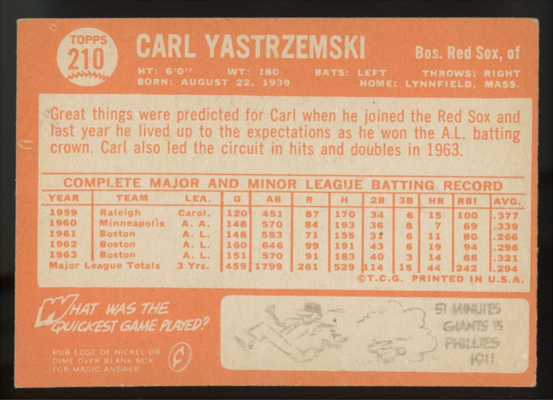 1964 Topps Carl Yastrzemski #210 VG (Crease)