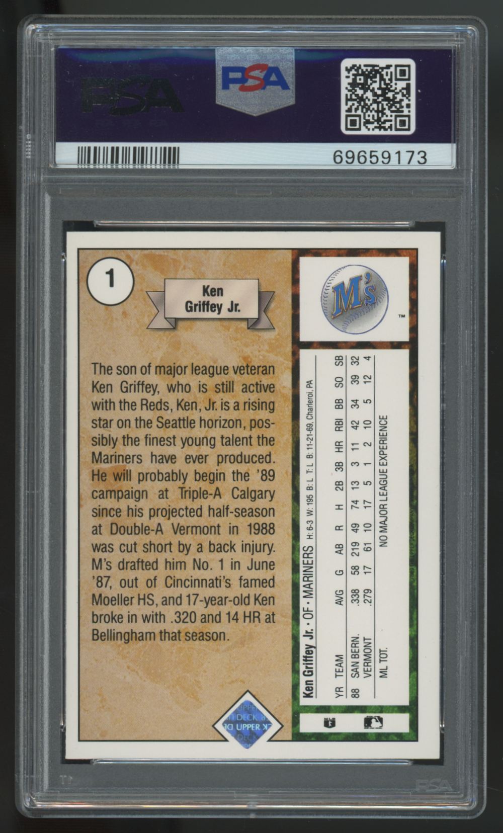1989 Upper Deck Ken Griffey Jr. RC Star Rookie #1 PSA 7 *173