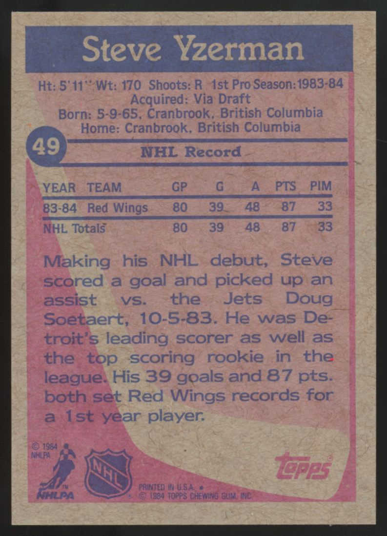 1984-85 Topps Steve Yzerman RC #49 NM "J"