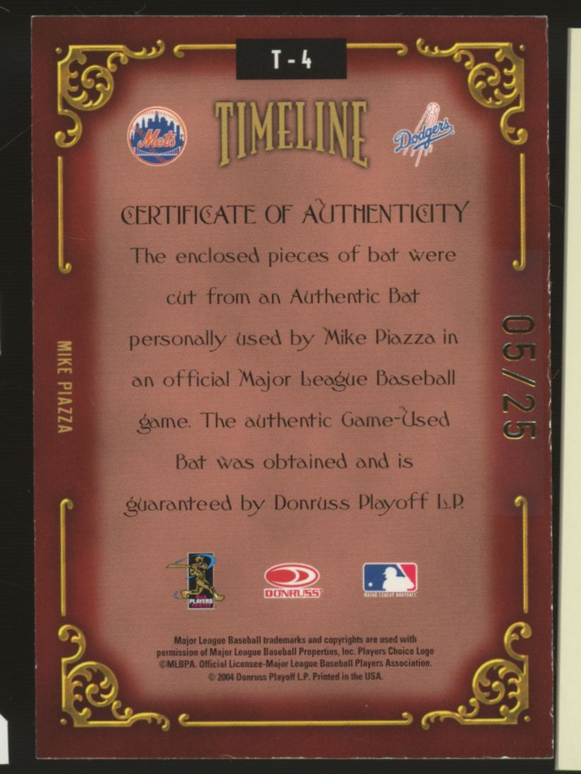 2004 Donruss Diamond Kings Mike Piazza Timeline Dual Relic /25 #T-4