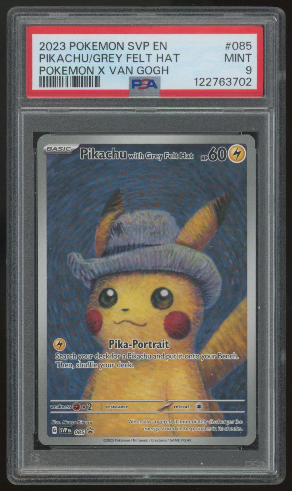 2023 Pokemon Grey Felt Hat Pikachu Van Gogh Promo #085 PSA 9