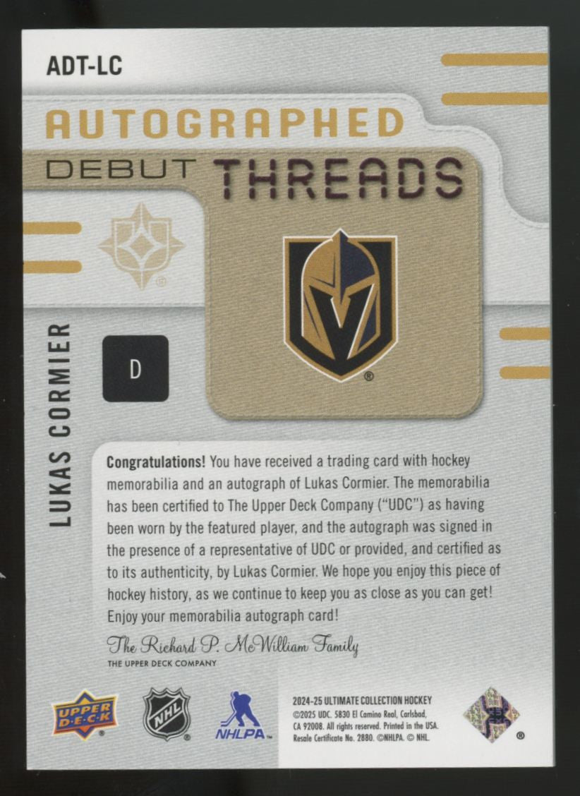 2024-25 UD Ultimate Collection Lukas Cormier RC Debut Auto Patch RPA /199