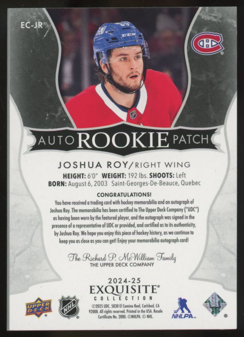 2024-25 Upper Deck The Cup Joshua Roy RC Exquisite Patch Auto RPA /89 #EC-JR