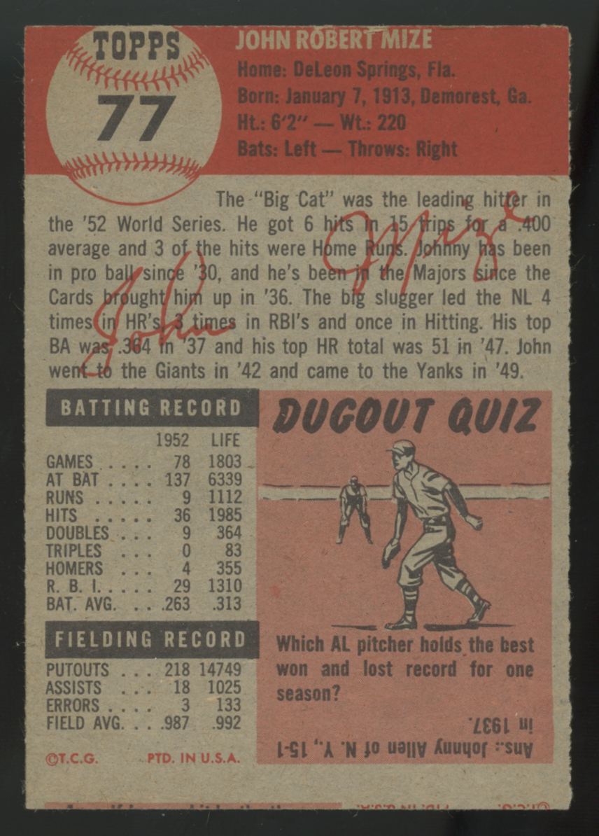 1953 Topps John Mize #77 VG/EX