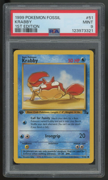 1999 Pokemon Krabby Fossil 1st Edition #51 PSA 9 (B)