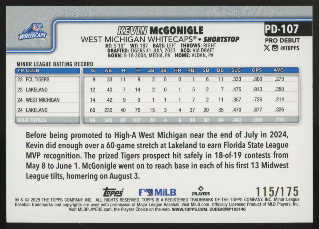 2025 Topps Pro Debut Kevin McGonigle Sparkle Foil /175 #PD-107