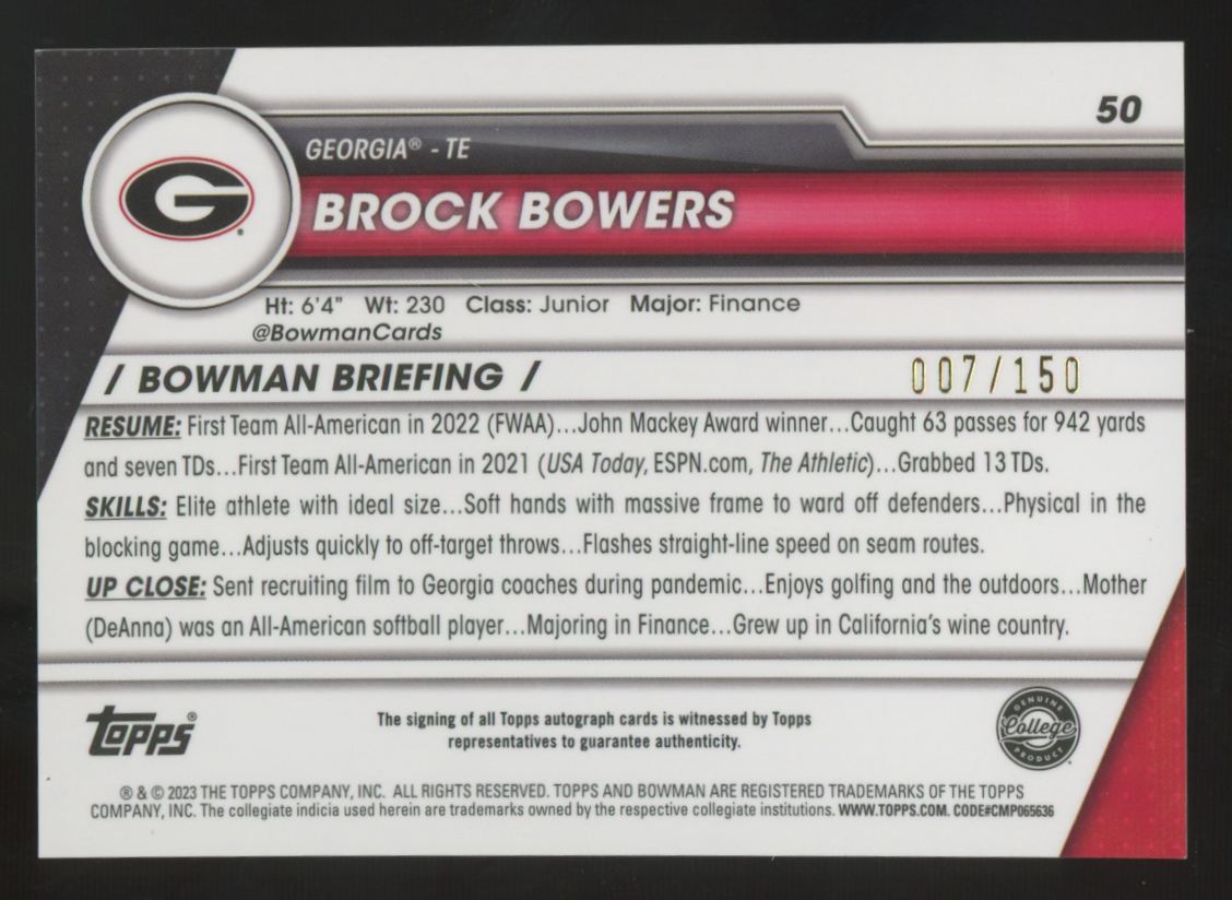 2023 Bowman Chrome U Brock Bowers Fuchsia Mini-Diamonds Refractor Auto /150 #50