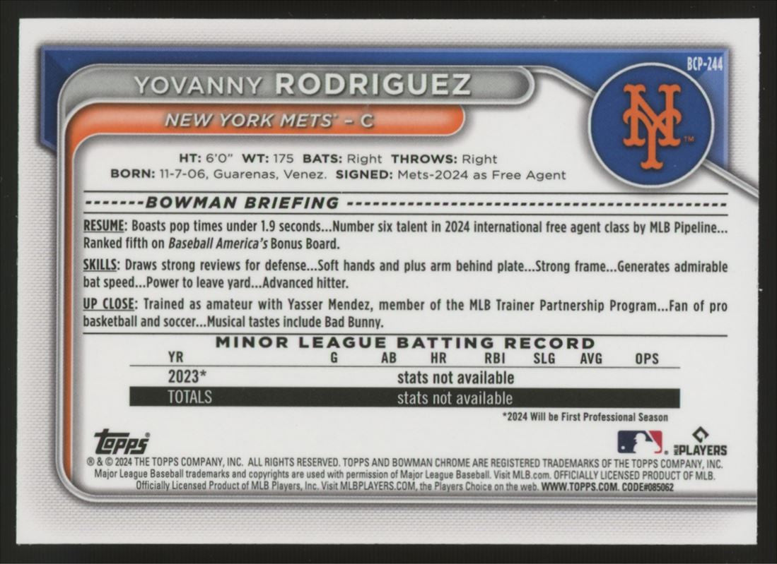 2024 Bowman Chrome Yovanny Rodriguez 1st Orange Shimmer /25 #BCP-244