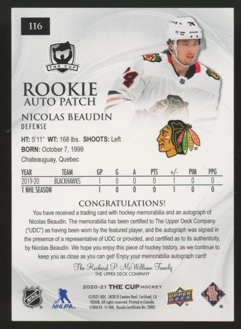 2020-21 The Cup Nicolas Beaudin RC Patch Auto RPA /249 #116