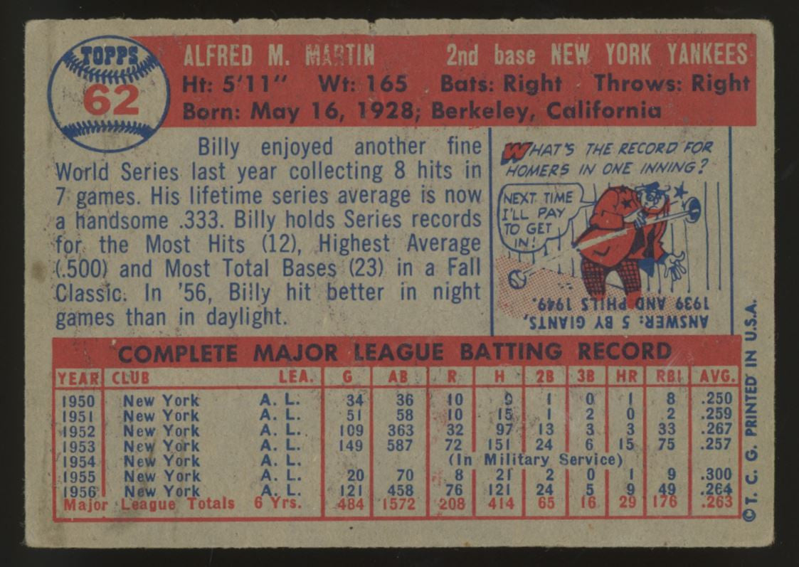 1957 Topps Billy Martin #62 Poor (Writing)
