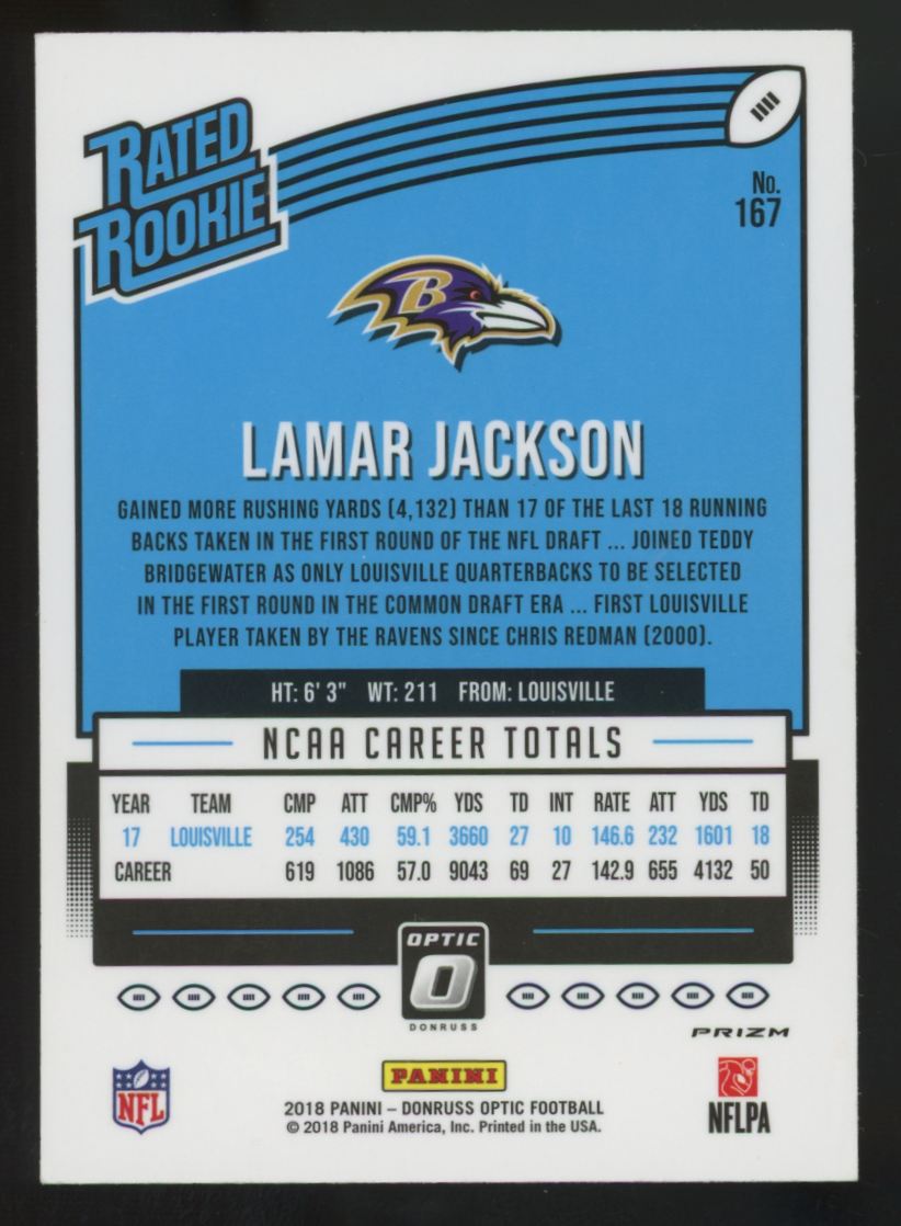2018 Donruss Optic Lamar Jackson RC Rated Rookie Red/Yellow Prizm #167 EX *READ*