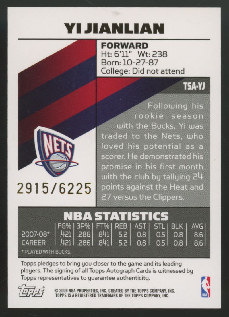 2008-09 Topps Signatures Yi Jianlian Auto /6225 #TSA-YJ