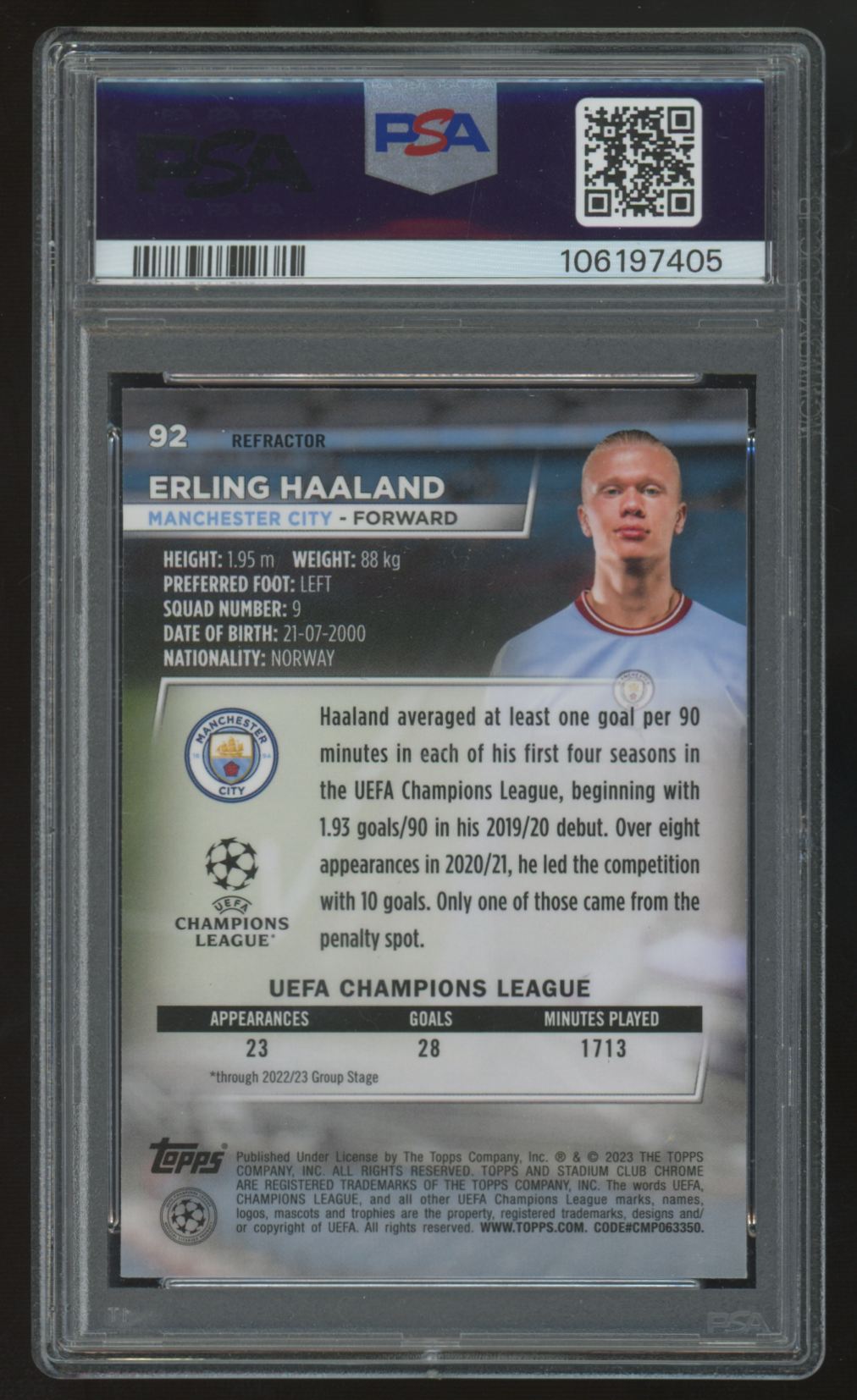 2022-23 Topps Stadium Club Chrome UEFA Erling Haaland Refractor #92 PSA 10