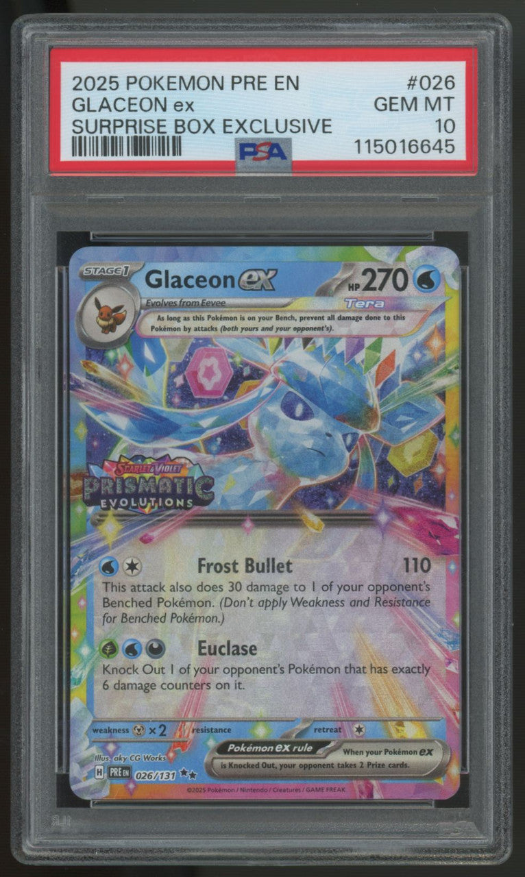 2025 Pokemon Glaceon ex Prismatic Evolutions Surprise Box #026 PSA 10