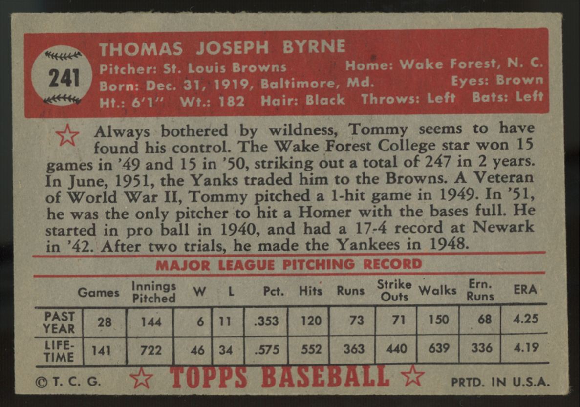 1952 Topps Tommy Byrne #241 EX+