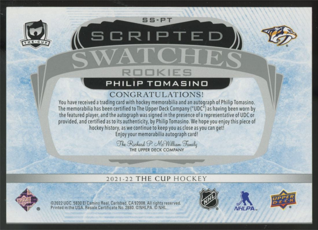 2021-22 The Cup Philip Tomasino RC Scripted Swatches Patch Auto RPA /35 #SS-PT