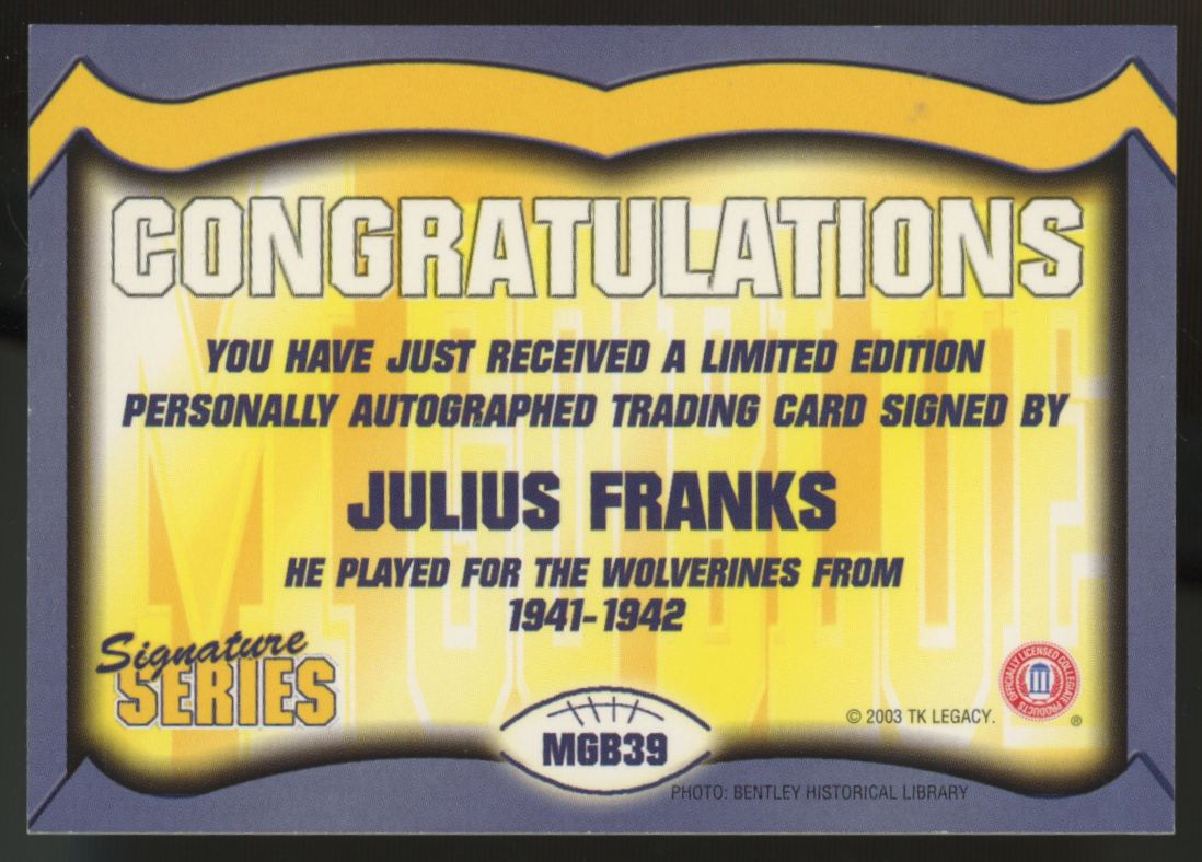 2003 TK Legacy Signature Series Julius Franks Auto #MGB39