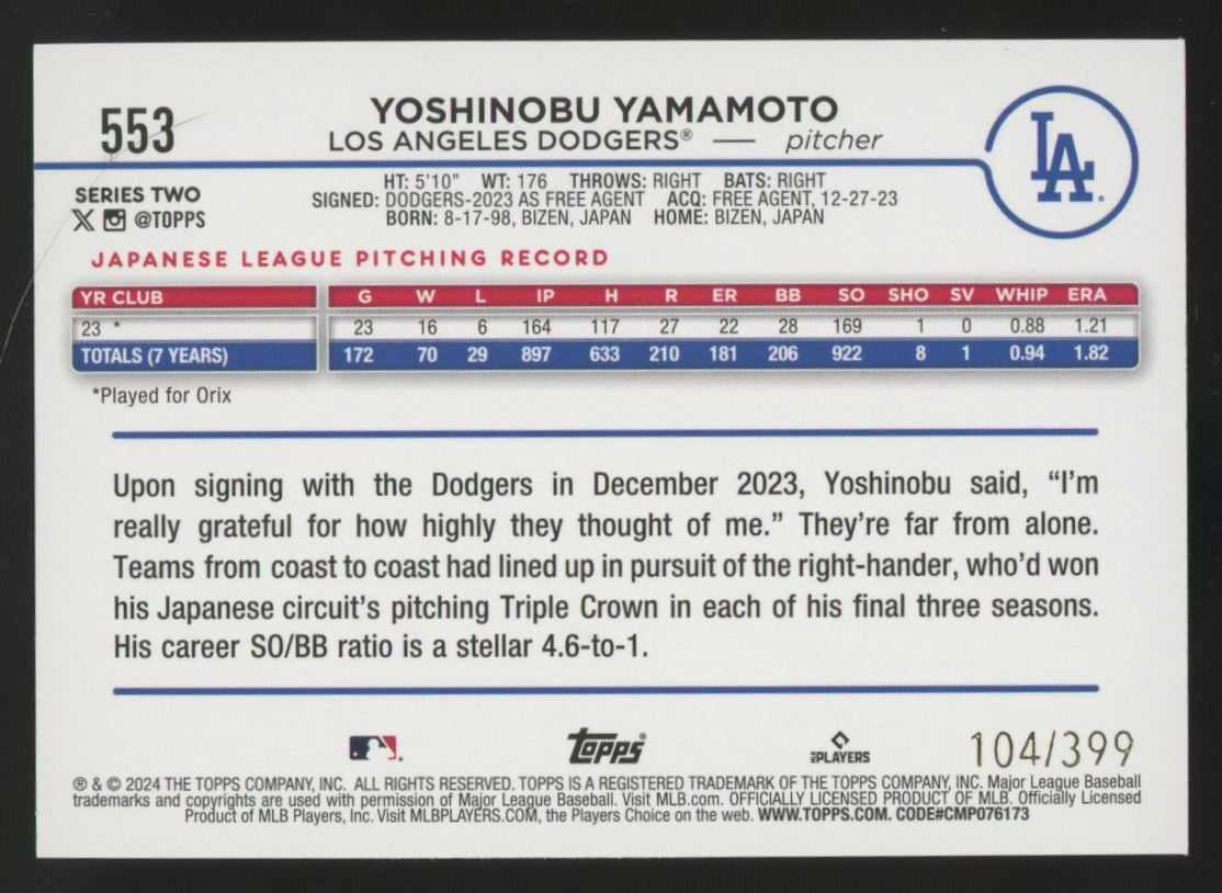 2024 Topps Series Two Yoshinobu Yamamoto RC Aqua Foil /399 #553