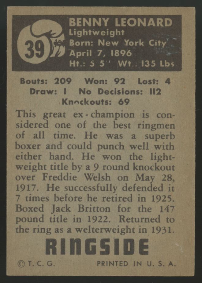 1951 Topps Ringside Benny Leonard #39 EX "A"