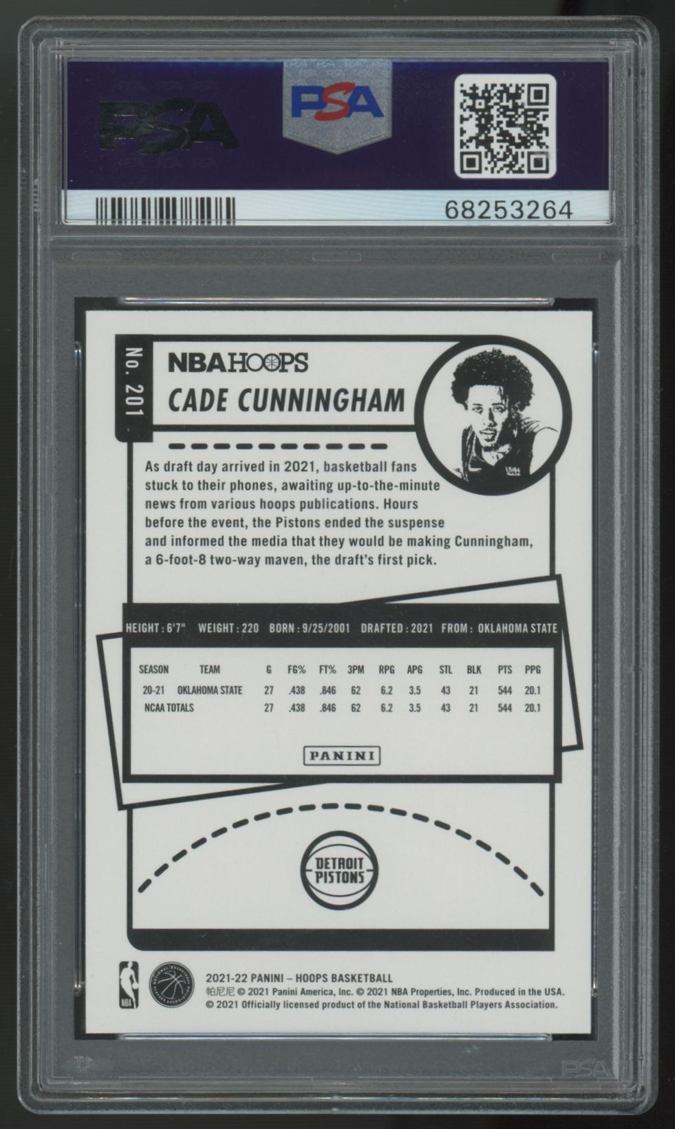 2021-22 Panini NBA Hoops Cade Cunningham RC Winter #201 PSA 10