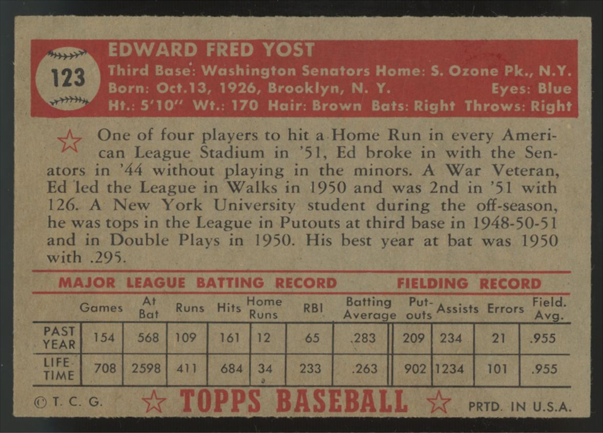 1952 Topps Eddie Yost #123 VG/EX