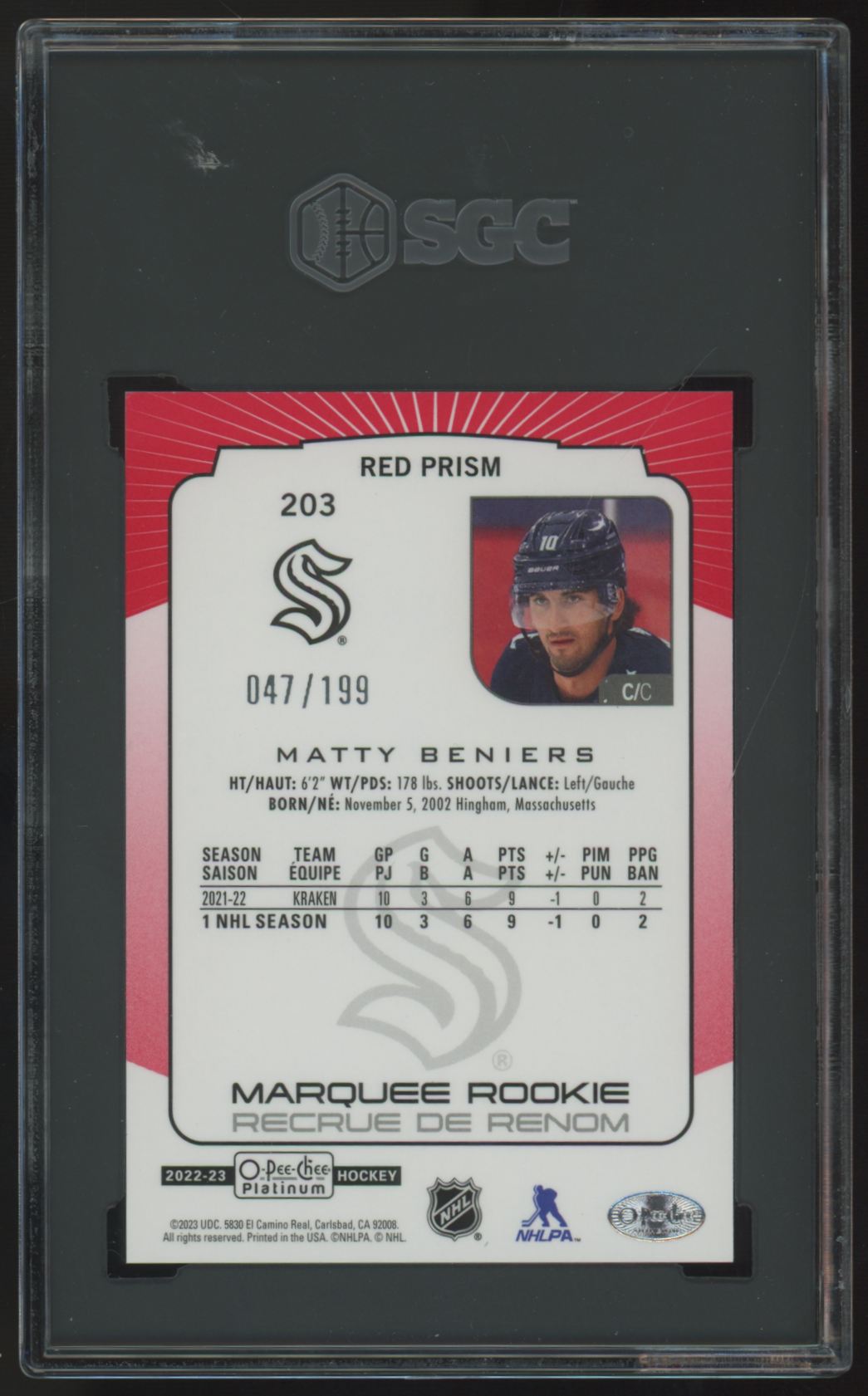 2022-23 O-Pee-Chee Platinum Matty Beniers RC Marquee Red Prism /199 #203 SGC 9.5