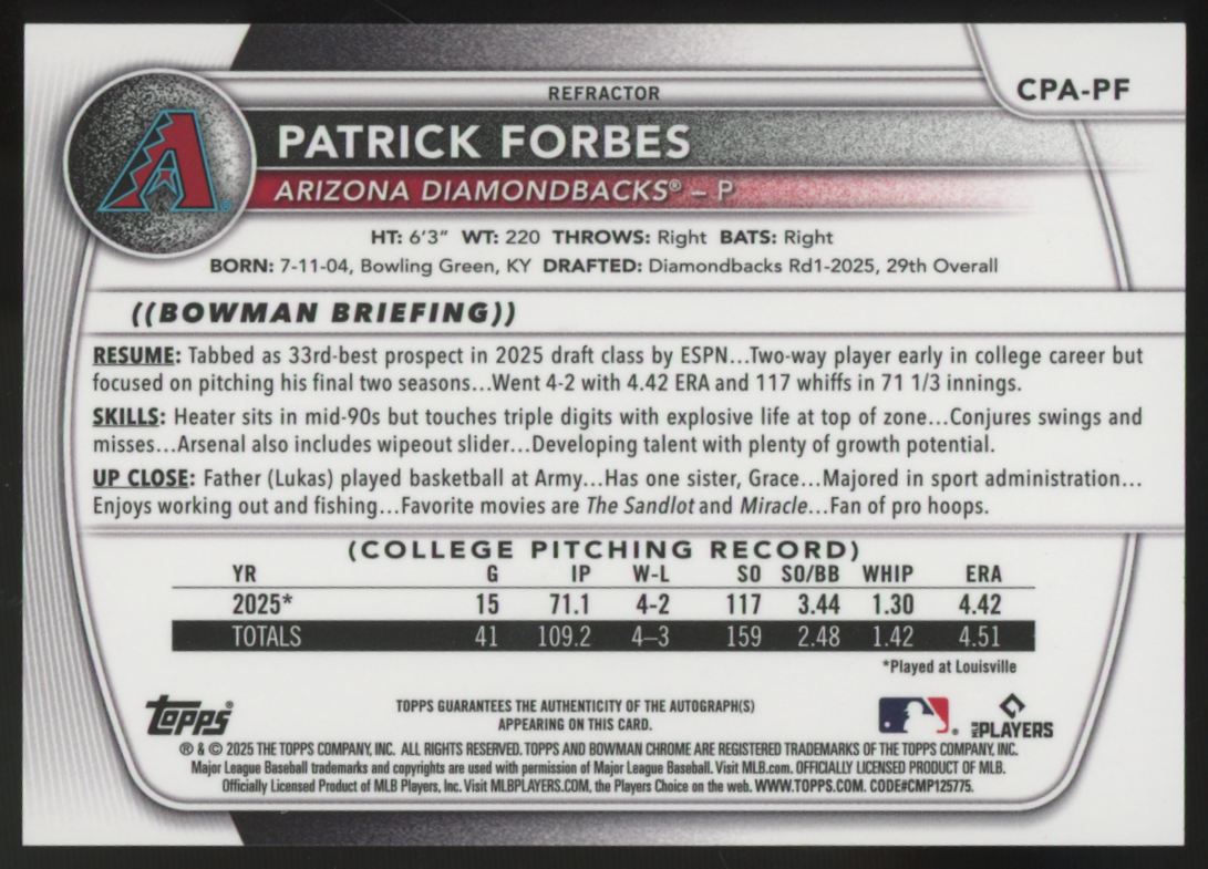 2025 Bowman Chrome Patrick Forbes Prospect 1st Auto Refractor /499 #CPA-PF