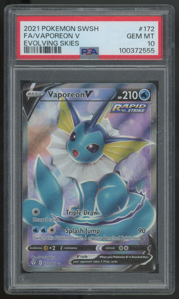 2021 Pokemon Vaporeon V Evolving Skies Full Art #172 PSA 10