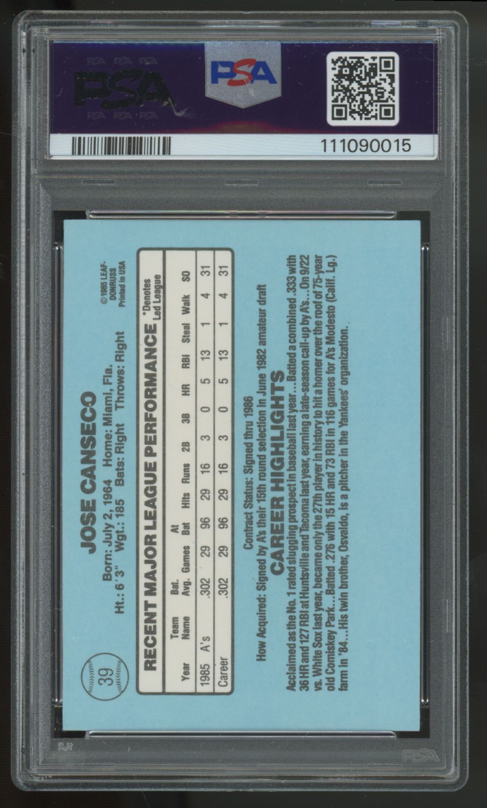 1986 Donruss Jose Conseco RC Rated Rookie #39 PSA 9