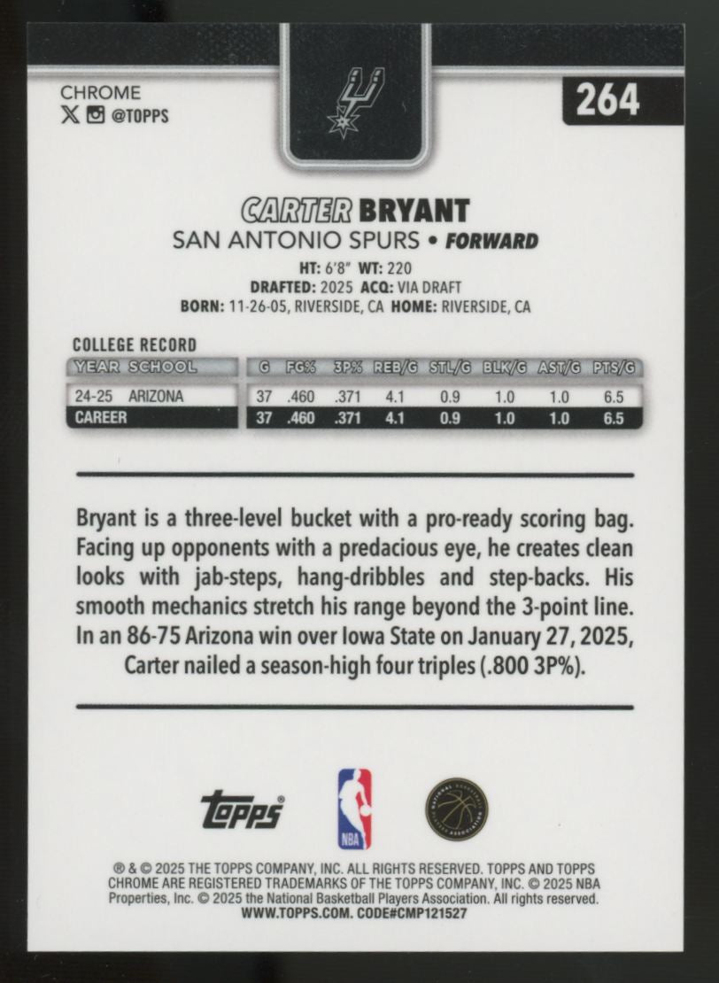 2025-26 Topps Chrome Carter Bryant RC Gold Pulsar /50 #264